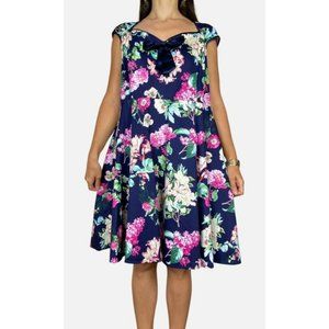 LRINA JEAN RETRO Navy Floral Cotton Fit  &  Flare Dress